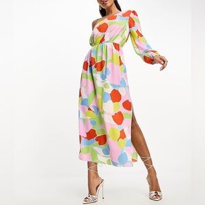 ASOS One Shoulder Midi Dress Cut Out Retro Abstract Print Multicolor Size 6